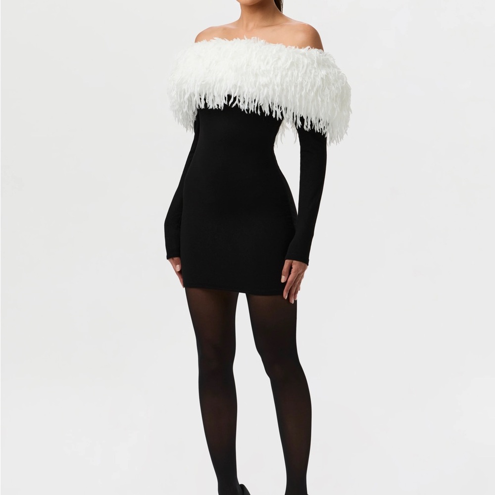 Naked Wardrobe
Butter Faux Feather Trim Off the Shoulder Long Sleeve Minidress - Picture 2 of 5